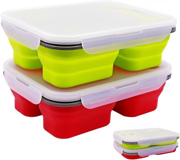 2-Pack 45.6oz Silicone Collapsible 3-Compartment Bento Boxes