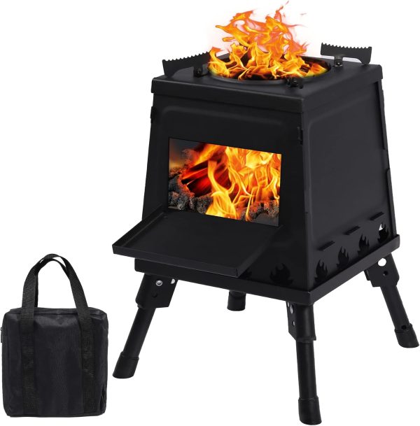 Black Portable Cast Iron Wood Burning Camp Stove Carrying Case