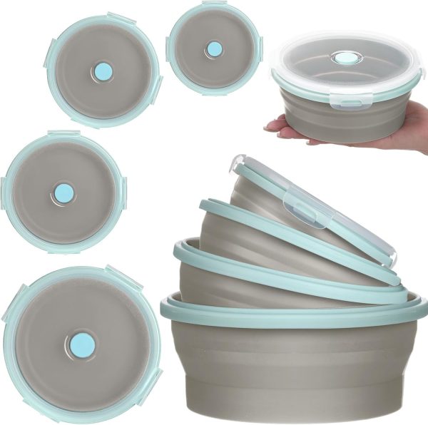 4-Pack Blue Rim Grey Collapsible Silicone Lunch Bowls with Lids