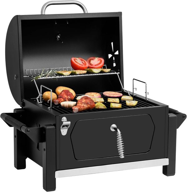 CD1519 Black Portable Tabletop Charcoal Grill with Warming Rack