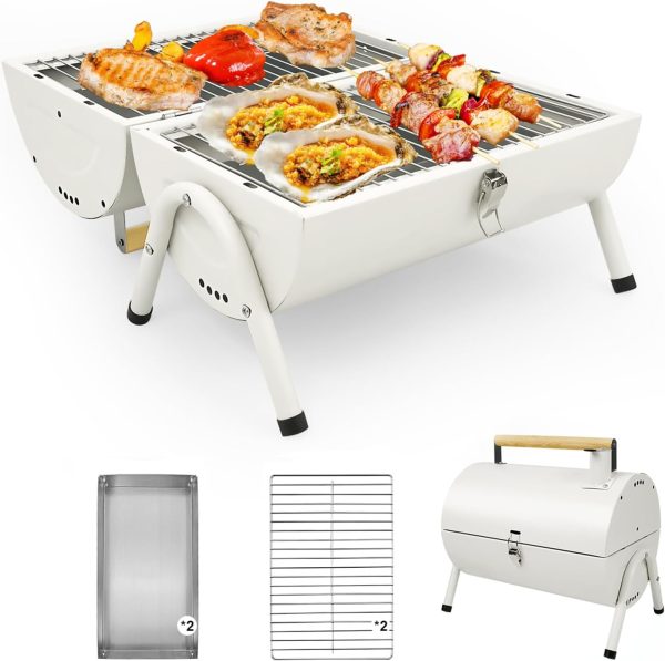 White Foldable Tabletop Charcoal Grill 232 Sq In Dual-Sided