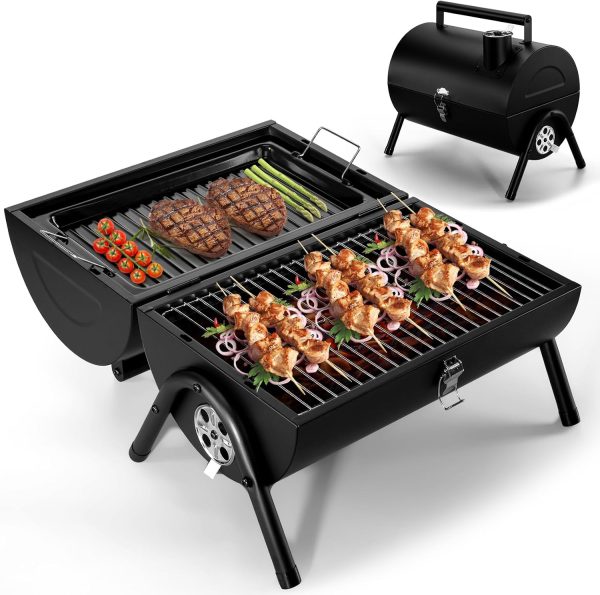 2-in-1 Double-Sided Portable Tabletop Charcoal Grill with Tray
