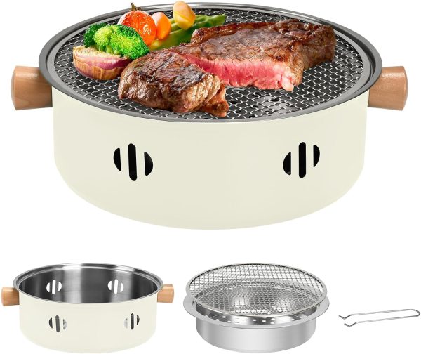Beige Mini Round Tabletop Charcoal Grill Portable Smokeless