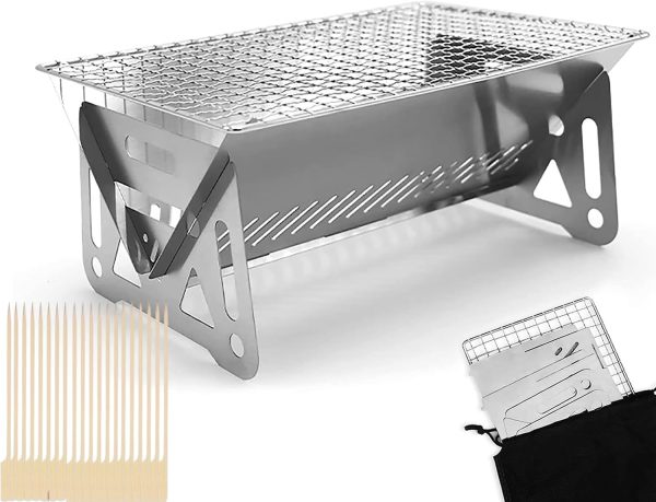 Mini Portable Stainless Steel Camping Grill with Bamboo Stick